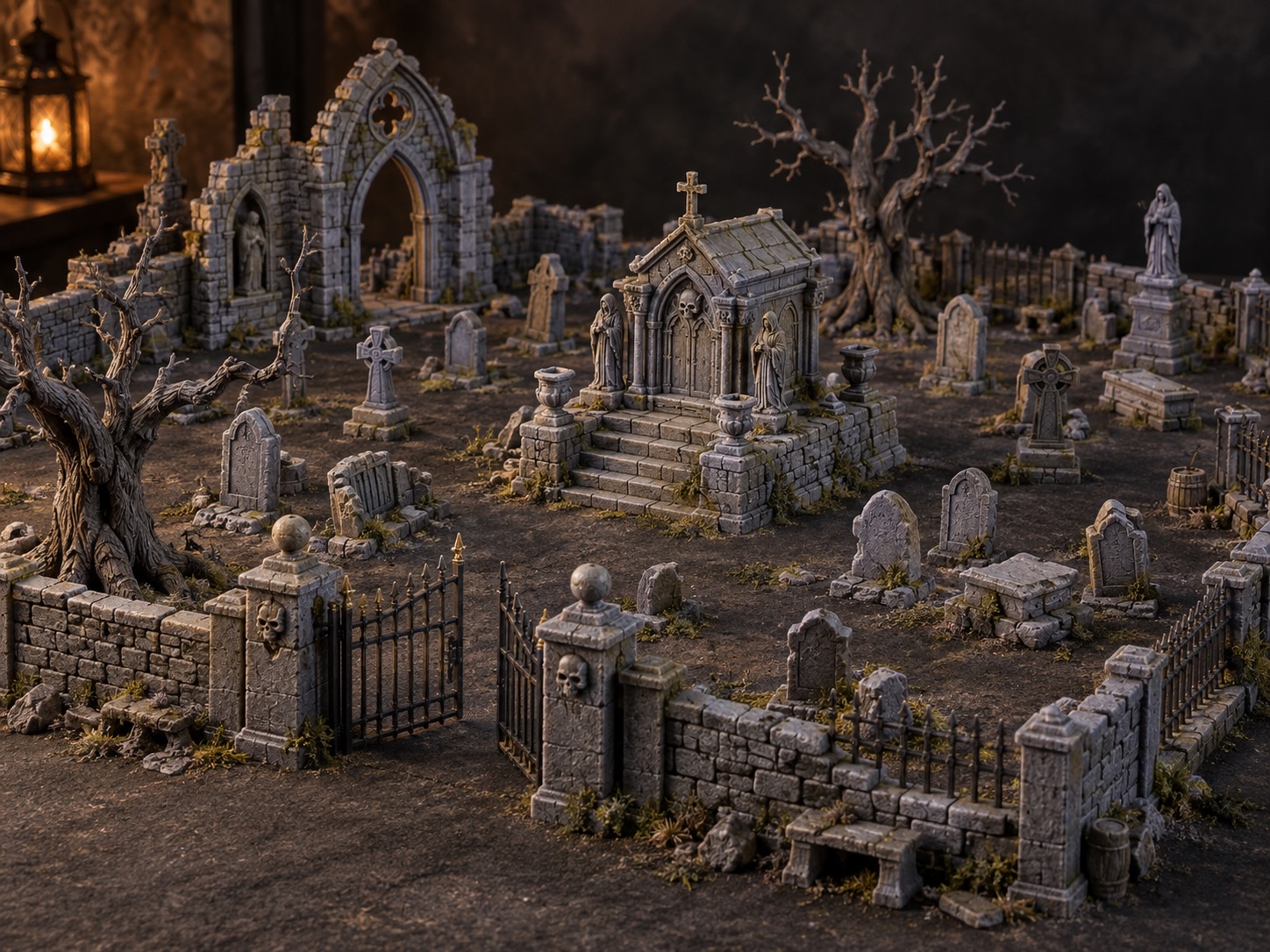 An unpainted modular fantasy graveyard with a raised crypt, chapel ruins, dead trees, headstones and iron gates